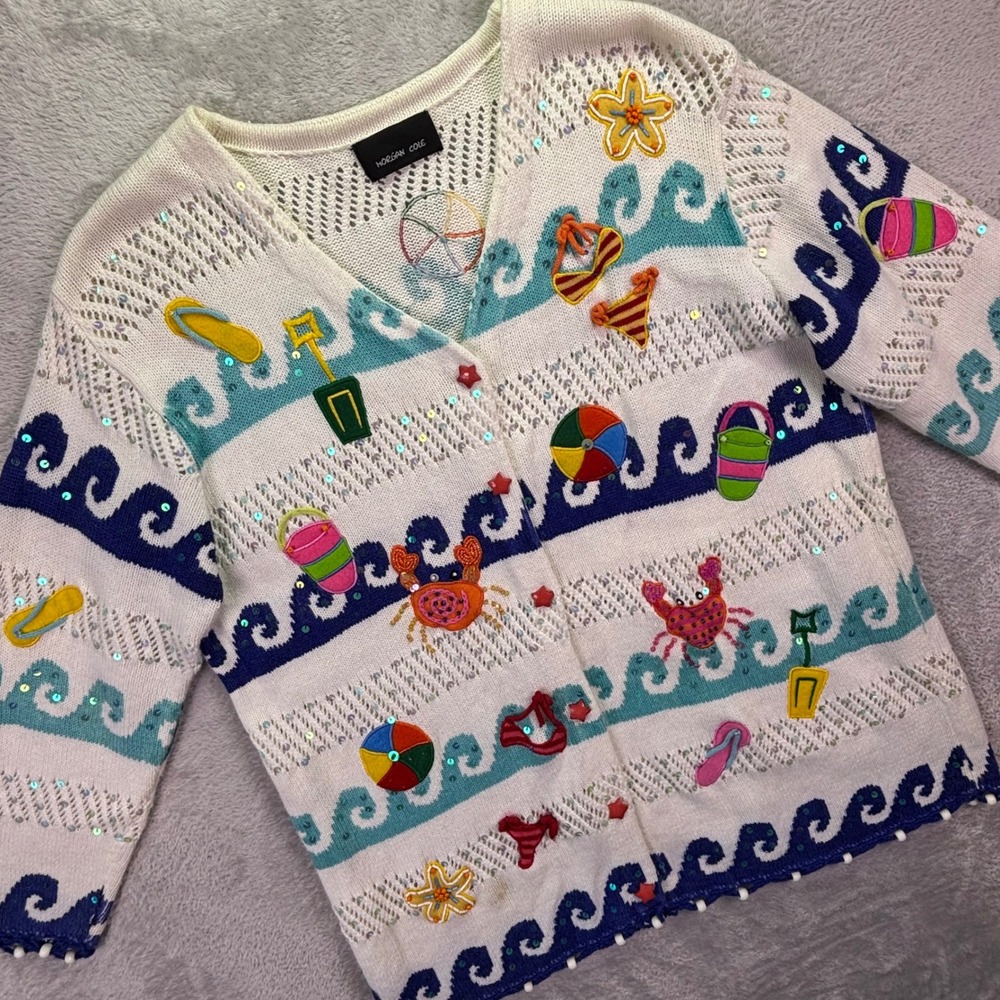 Morgan Cole Womens Cardigan Sz M White Beach‎ Theme Sequin Beaded Star Button